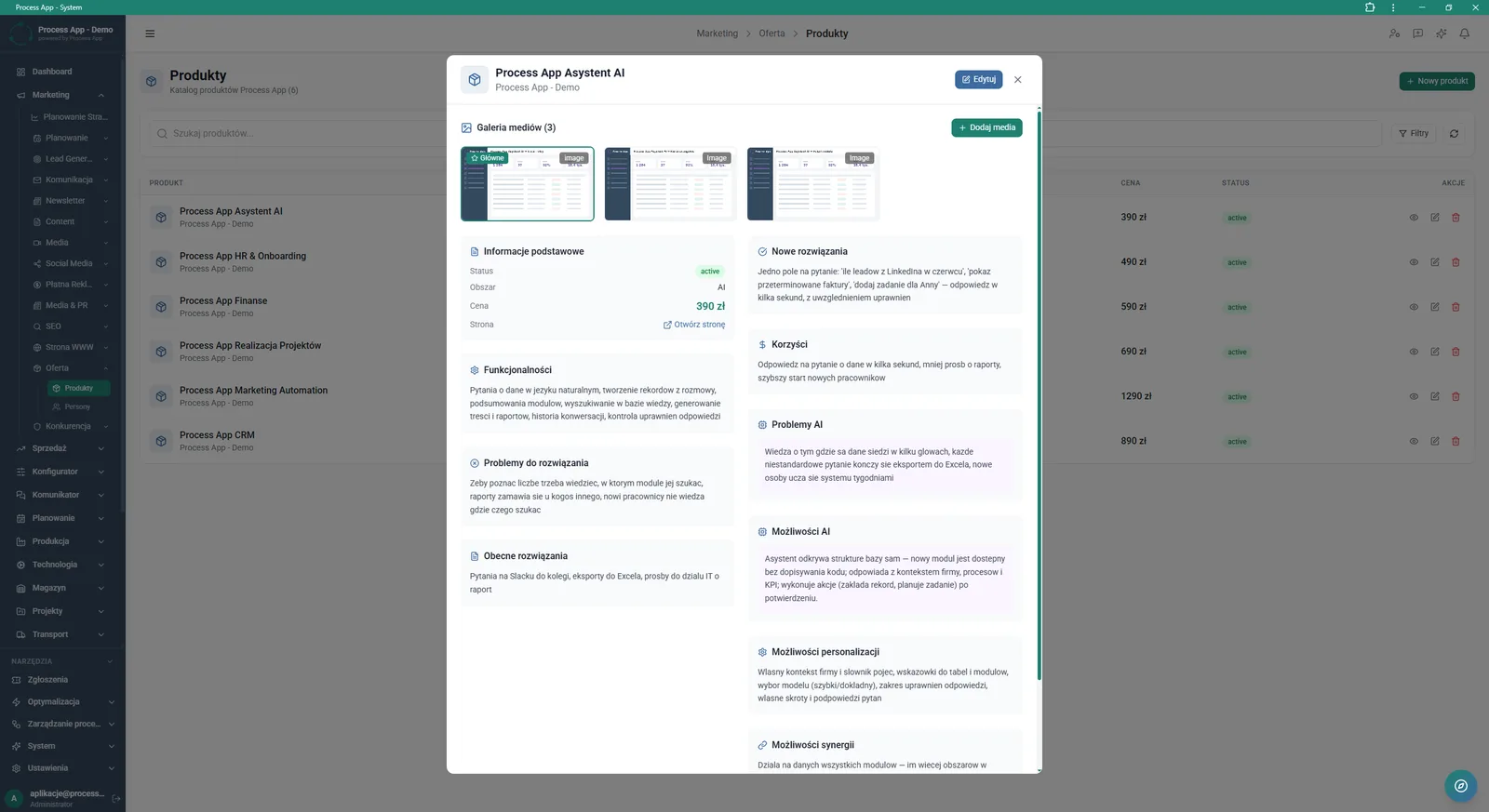 Ekran szczegółów produktu wyświetlony w oknie modalnym na tle listy produktów, prezentujący galerię mediów, informacje podstawowe oraz bloki tekstowe z opisem funkcjonalności i korzyści.