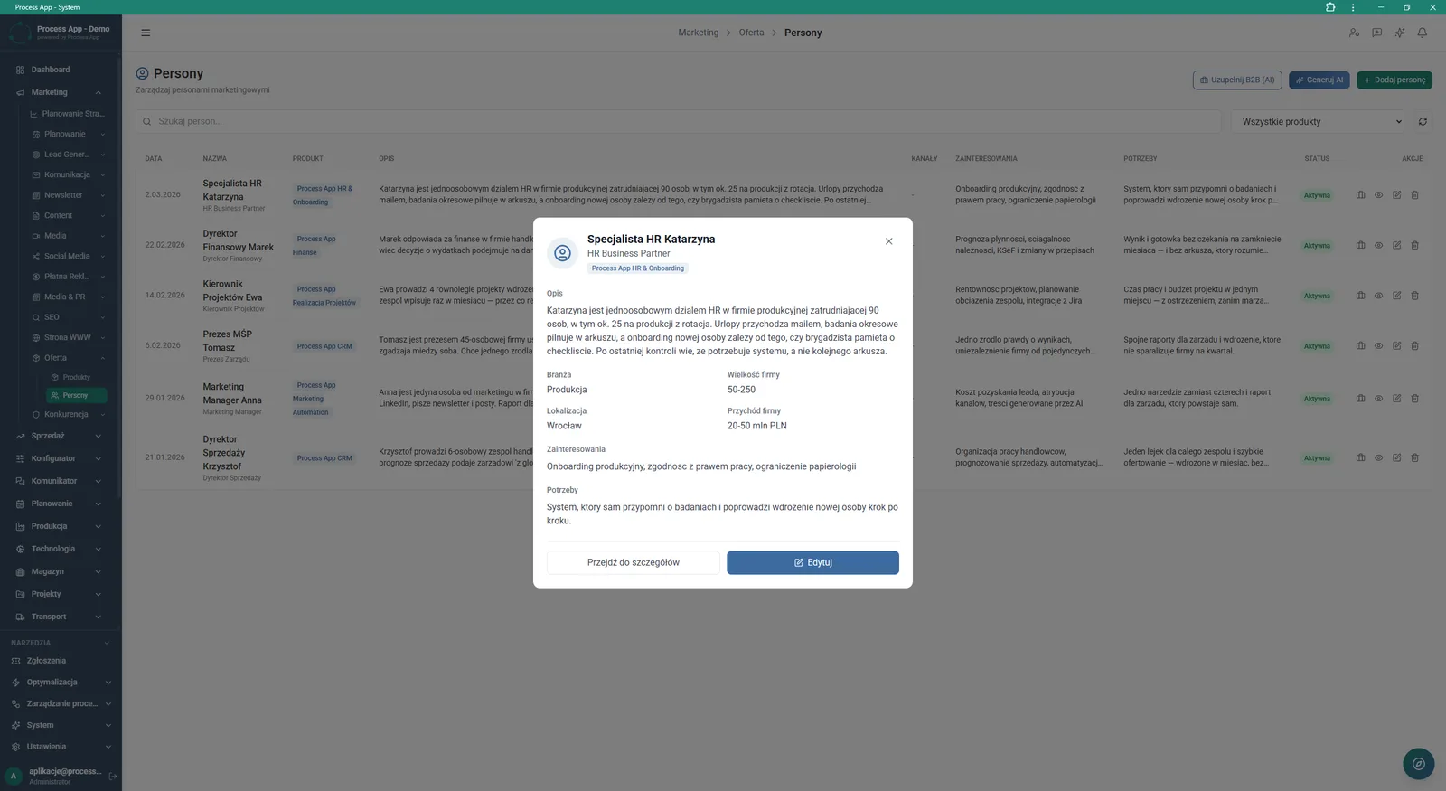 Ekran listy person marketingowych z otwartym oknem modalnym prezentującym szczegółowe informacje o wybranej personie.