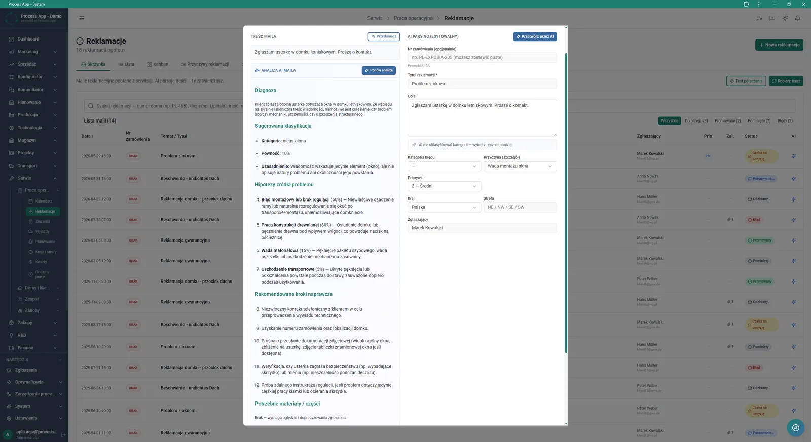 Ekran Reklamacje z otwartym oknem szczegółów zgłoszenia, prezentującym treść maila, szczegółową analizę AI z hipotezami i rekomendacjami naprawczymi oraz edytowalny formularz parsowania danych.