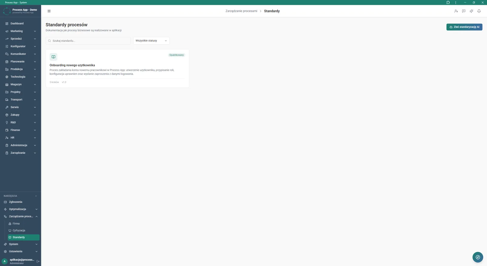 Ekran Standardy procesów w module Zarządzanie procesami, wyświetlający listę udokumentowanych standardów z możliwością wyszukiwania i filtrowania po statusie.