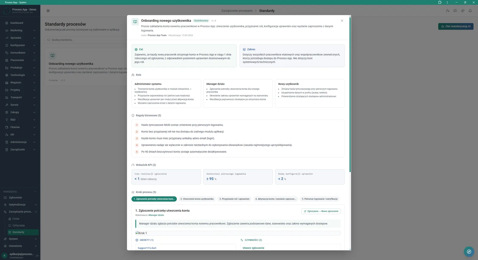Widok szczegółów opublikowanego standardu procesu w formie nakładki, prezentujący cel, zakres, role, reguły biznesowe, wskaźniki KPI oraz poszczególne kroki procesu wraz z przypisanymi obiektami i czynnościami.