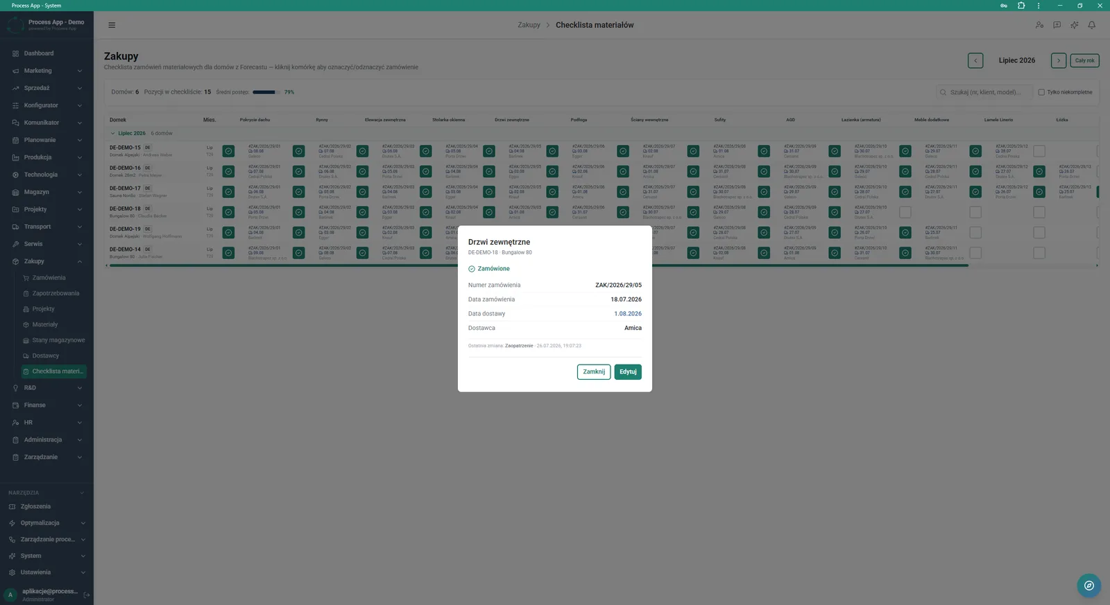 Ekran checklista materiałów z otwartym oknem modalnym prezentującym szczegóły zamówienia dla wybranej kategorii asortymentowej i projektu.