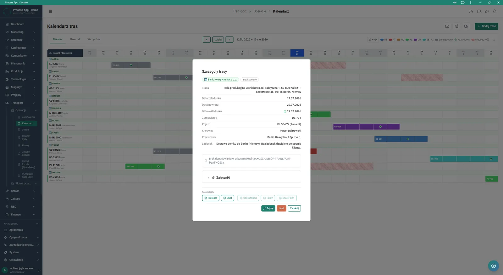 Ekran Kalendarz tras z otwartym oknem modalnym Szczegóły trasy, prezentującym dokładne informacje o wybranym zleceniu transportowym, w tym daty, pojazd, kierowcę, przewoźnika i ładunek.